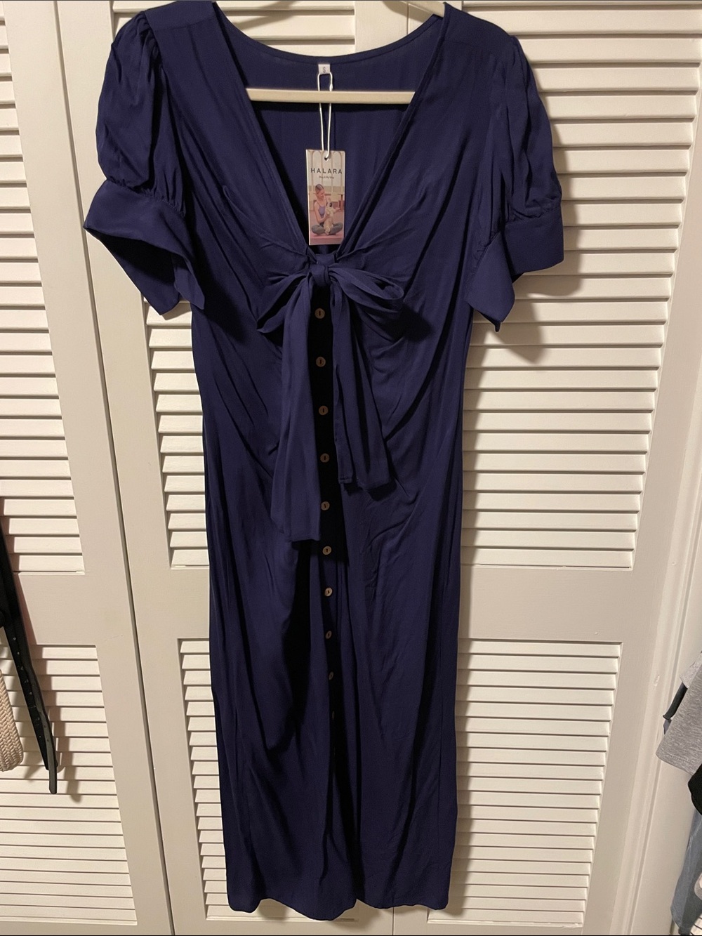 NWT HALARA Deep Navy Tie-Front Button Midi Dress